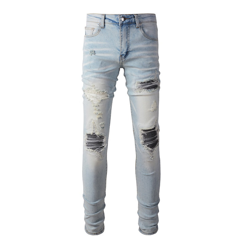 FPG x Retro Light Blue Elastic Stretch Skinny Ripped Jeans