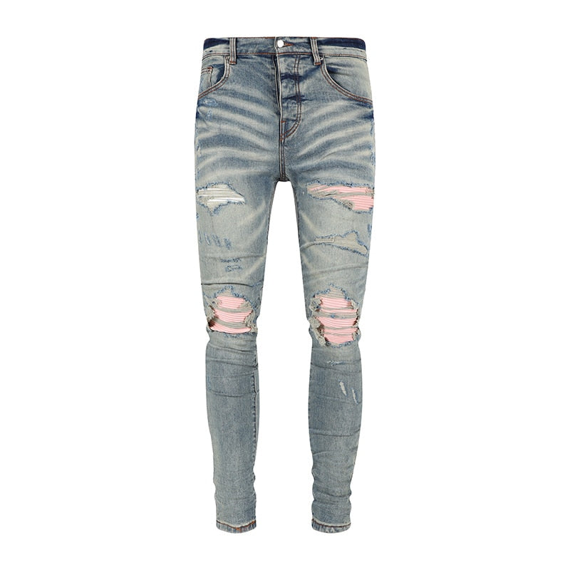 FPG x Retro Blue Stretch Buttons Trousers Patched Skinny Ripped Jeans