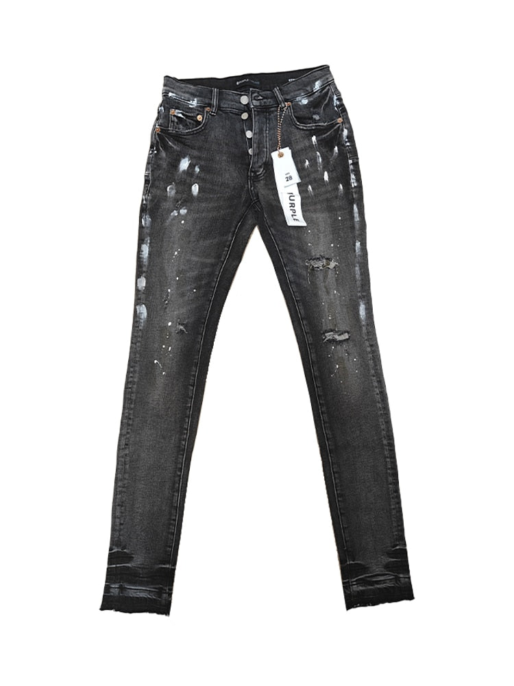 Purple Brand Low Rise Skinny Men Jean Black Dirty Vintage White Paint Purple Jeans