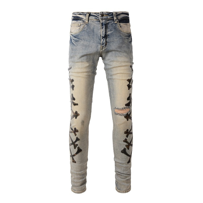 FPG x Light Blue Distressed Streetwear Fashion Slim Fit Embroidered Bone Pattern