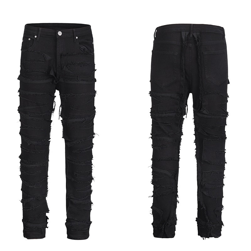 Retro Ripped Hollow Out Frayed Casual Jeans Men's Hole Straight Distressed Denim Pants Streetwear Baggy Washed Jean Trousers
