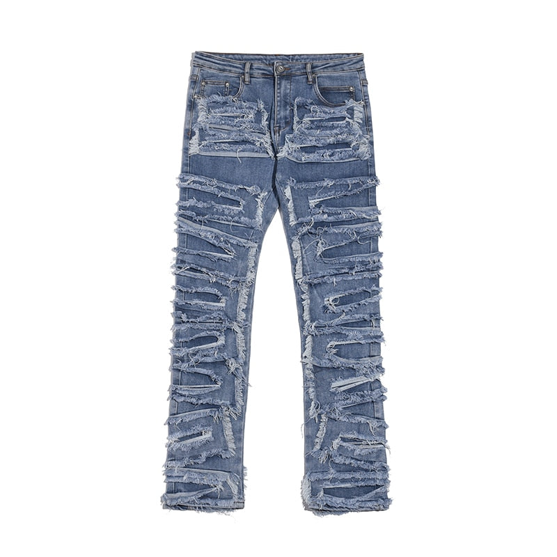 Retro Ripped Hollow Out Frayed Casual Jeans Men's Hole Straight Distressed Denim Pants Streetwear Baggy Washed Jean Trousers