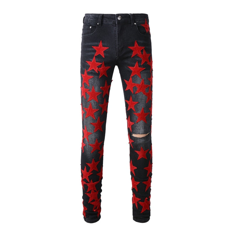 FPG x Men Jeans Black Color Elastic Slim Fit Ripped Jeans Men Red Stars