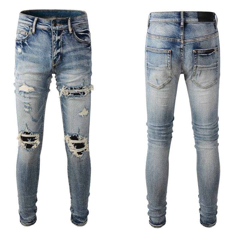 FPG x Retro Light Blue Elastic Slim Fit Destroyed Ripped Jeans