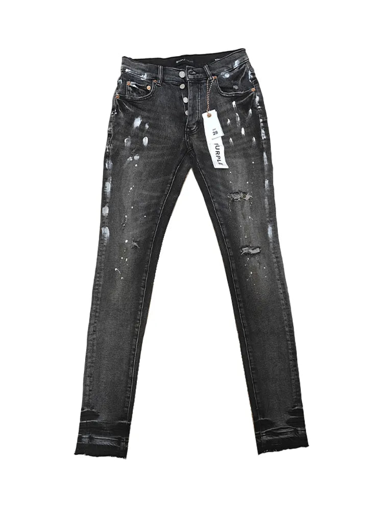 Purple Brand Low Rise Skinny Men Jean Black Dirty Vintage White Paint Purple Jeans