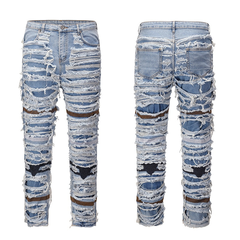 Retro Ripped Hollow Out Frayed Casual Jeans Men's Hole Straight Distressed Denim Pants Streetwear Baggy Washed Jean Trousers