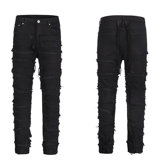 Retro Ripped Hollow Out Frayed Casual Jeans Men's Hole Straight Distressed Denim Pants Streetwear Baggy Washed Jean Trousers