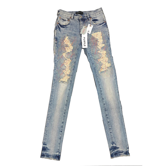 Purple Brand Low Rise Skinny Men Jean Vintage Lt Indigo Multicolor Thread Repair Purple Jeans