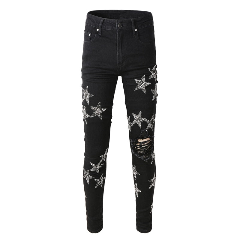 FPG x Men Jeans Black Color Elastic Slim Fit Ripped Jeans Men Red Stars