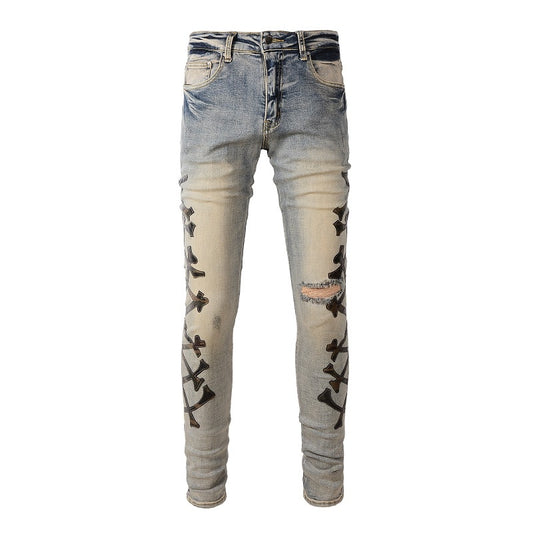FPG x Light Blue Distressed Streetwear Fashion Slim Fit Embroidered Bone Pattern